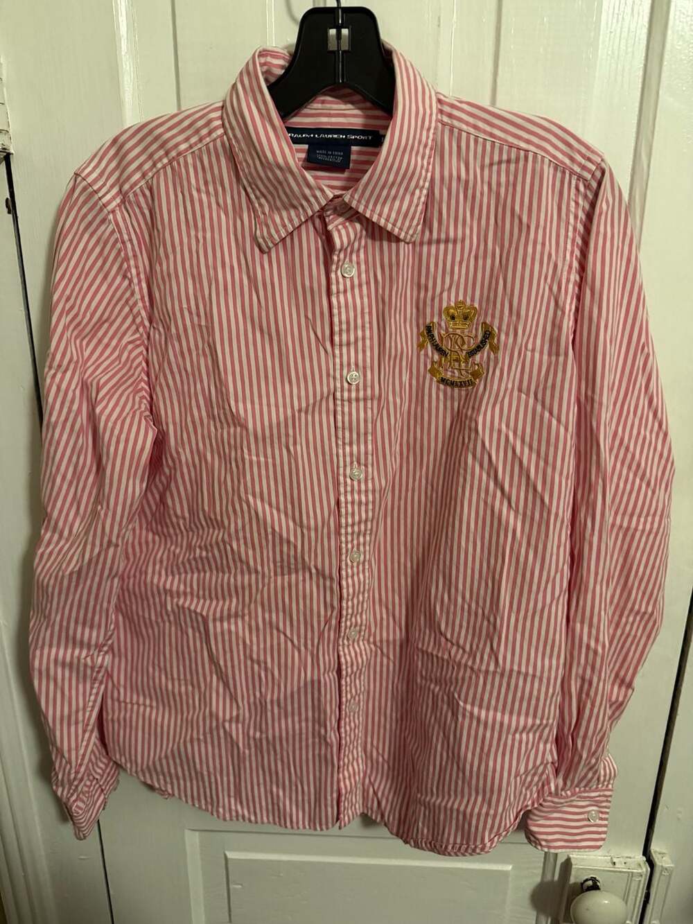 Ralph Lauren Sport Pink White Striped Long Sleeve Shirt with Crest Logo Size 14